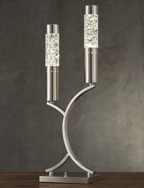 Two Cylinder Water Drop Dancing Night Lights in Satin Nickel Finish ultra modern mood lamp on wood surface with sparkle effect