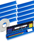 Blue Classroom Desk Name Plate Holder and Index Card Organizer with guard panels, water bottle holder, 12 x 1.5 x 1 inches
