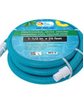 Coiled Pro Grade 1-1/2 Inch By 25 Foot Above Ground Pool Vacuum Hose With Swivel Cuff on white background.