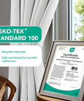Light Grey Faux Linen Blackout Curtains Tab Top Pack Of 2 52 Inch W By 63 Inch L Room Darkening Thermal Drapes next to Oeko-Tex certificate.