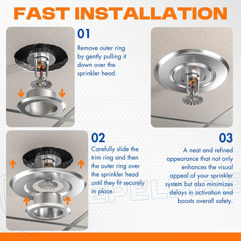 Chrome Extension Trim Ring For Recessed Fire Sprinkler Escutcheons shown in installation steps over sprinkler head.