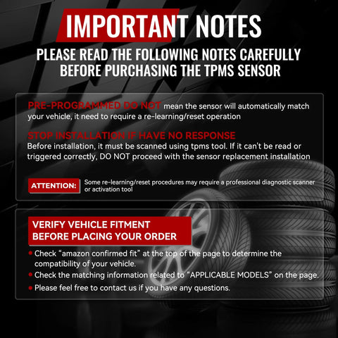 GM TPMS Sensor 4Pack Compatible With Buick Enclave Encore Envision Lucerne Regal Cadillac ATS CTS XTS Chevy Colorado Silverado Impala Malibu GMC Yukon Sierra And More Tire Pressure Monitoring System Replacement instruction image with fitment notes