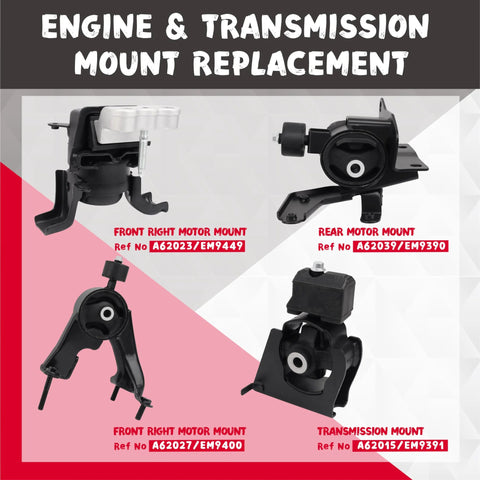Beefed Up Engine Mount And Transmission Mount Kit For Toyota Corolla 2009 2010 2011 2012 2013 1.8L Matrix 1.8L And Vibe 2009 2010 1.8L FWD Four Piece Set A62027 A62039 A62023 A62015 product image showing four-piece mount kit in black steel and rubber.