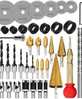 47 Piece Woodworking Tools And Accessories Set With Countersink Drill Bits Wood Plug Cutters Step Drill Bits Saw Blades Drill Stop Bits Long Twist Drill Bits L Wrench And Center Punch For DIYers And Pros displayed in an organized layout