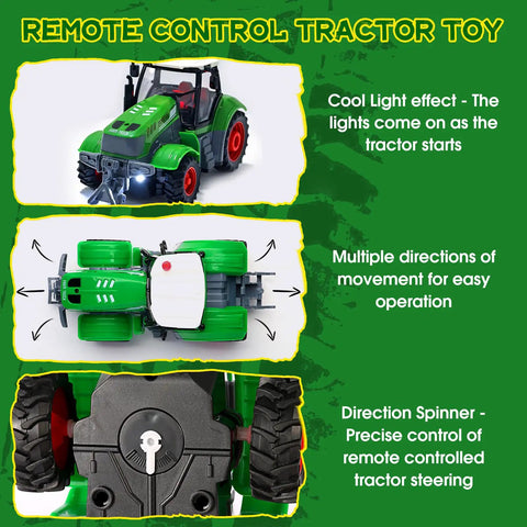 Epic Remote Control Tractor Toy Set featuring light-up green tractor with multiple movement directions and steering control