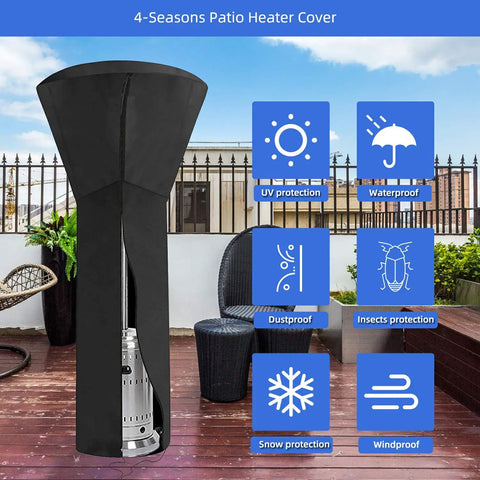 Universal Patio Heater Cover 89H X 33D X 19B Waterproof With Zipper 420D Fabric displayed on outdoor deck