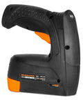 Cordless Two In One Brad Nailer And T50 Crown Stapler Equipped With 4V Battery And Usb C Quick Charge handle and body close-up.