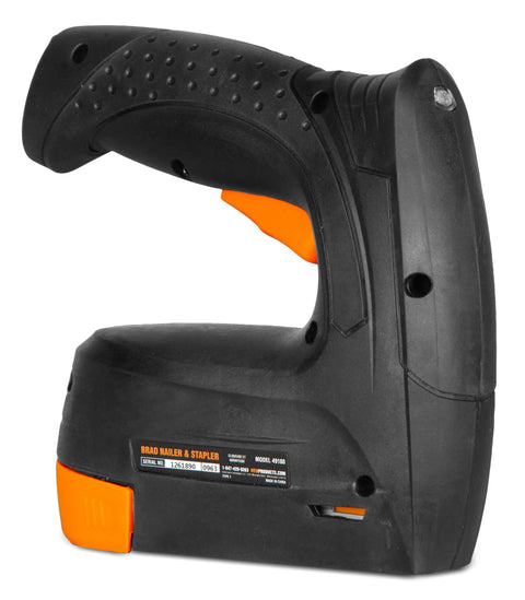 Cordless Two In One Brad Nailer And T50 Crown Stapler Equipped With 4V Battery And Usb C Quick Charge handle and body close-up.