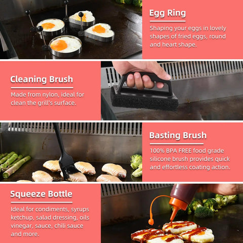 Image showing egg rings, cleaning brush, basting brush, and squeeze bottle from 28 Piece Griddle Gear Kit For Blackstone Flat Top Grill.