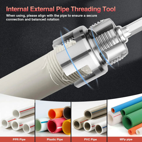 GrenTools 3 Piece Pvc Pipe Threader Kit For 1/2 Inch, 3/4 Inch, And 1 Inch Pipes High Carbon Steel Plumbing Tool threading a plastic pipe.