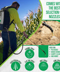 Person using 4-Gallon Backpack Sprayer For Lawn And Garden, Battery Powered Electric Sprayer With Long Range Spray, on plants