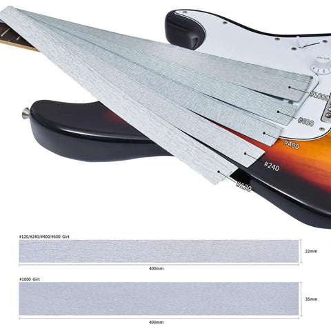 Professional Guitar Fret Leveling Beam And Sanding Block Precision Ground Steel Rail For Quick Fret Sanding And Perfect String Action Setup with multiple grit sanding strips on a guitar.