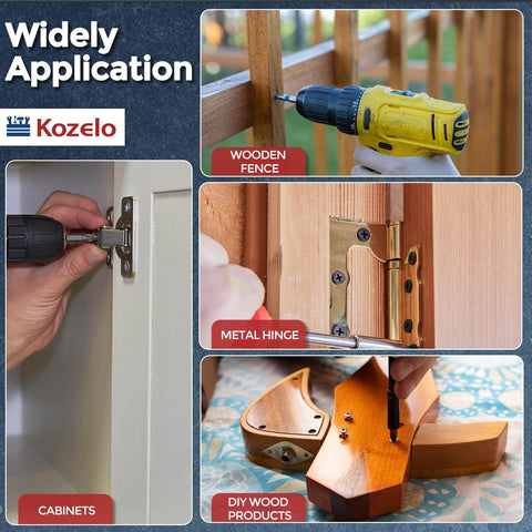 Image showing use of 1000 Piece Phillips Flat Head Wood Screws Set Self Tapping Countersunk Screws In ST1 ST1.2 ST1.4 And ST1.7 Sizes 3mm To 6mm Carbon Steel Black for cabinets, wooden fences, metal hinges, and DIY wood projects.