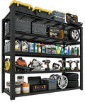 Heavy Duty Five Tier Garage Shelving Rack With 5000 Lbs Capacity Boltless Adjustable Metal Storage For Garage Warehouse Basement Shop Pantry 84 Inch High By 62 Inch Wide By 24 Inch Deep Black, loaded with tools and bins