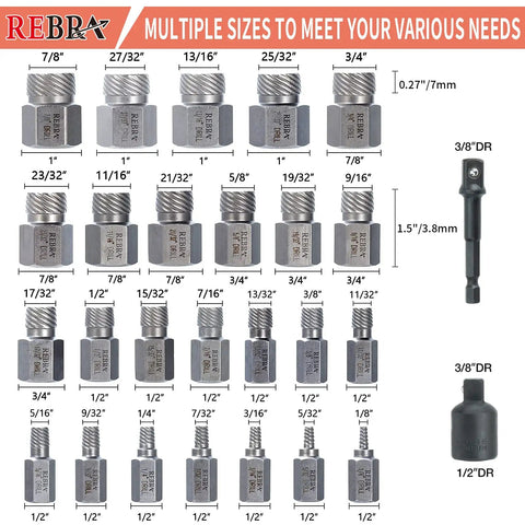 27 Piece Screw Extractor Set Includes Three Eighths Inch Impact Double Head Easy Out Bolt Remover Kit For Stripped Rounded Damaged Or Broken Screws Bolts Studs Hex Head Multi Spline Design Heavy Duty Fastener Removal showing various sizes and components.