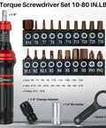 Adjustable Torque Screwdriver Set From Ten To Eighty In Lb With One Quarter Inch Bit Holder And Flat Head Hex Torx And Philips Bits