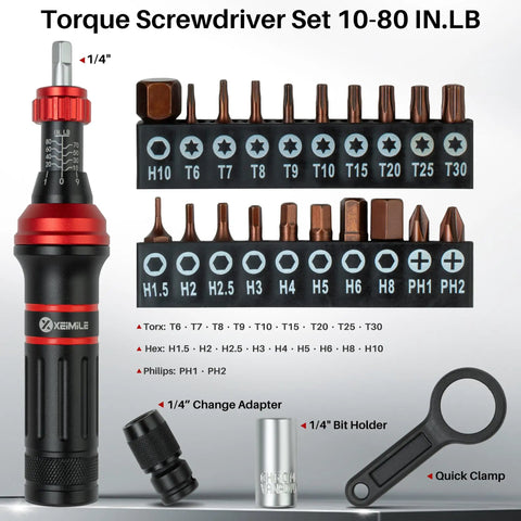 Adjustable Torque Screwdriver Set From Ten To Eighty In Lb With One Quarter Inch Bit Holder And Flat Head Hex Torx And Philips Bits