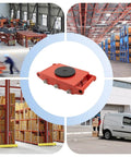 Heavy Duty Machinery Mover Dolly Skates With Six Heavy Duty Rollers 17600 Lbs Load Rating red dolly skates shown in warehouse setting.