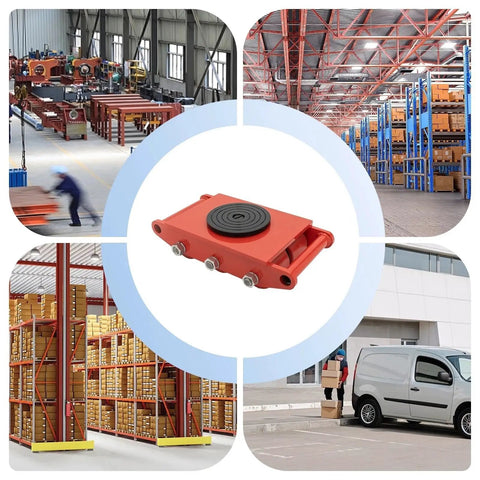 Heavy Duty Machinery Mover Dolly Skates With Six Heavy Duty Rollers 17600 Lbs Load Rating red dolly skates shown in warehouse setting.