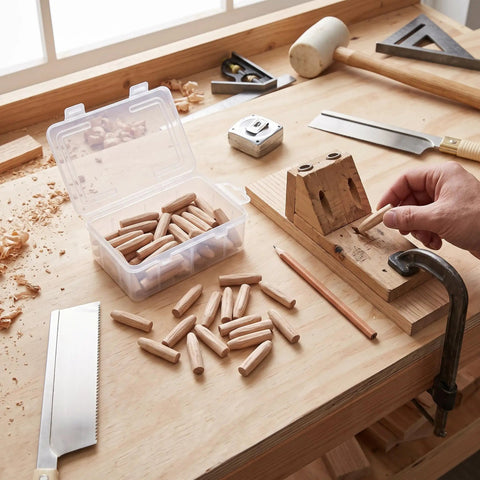 Clutch Pine Wood Pocket Hole Plugs And Slick Angled Fillers For Woodworking Repairs Crafted From Solid Timber With Smooth Surface For Garage Shop Projects Comes 50 Count In Sturdy Box laid out on a workshop table.