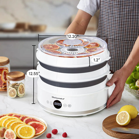 Top Shelf Digital Food Dehydrator With Five Spacious Drying Trays measuring 12.20 by 12.55 inches with sliced fruits.