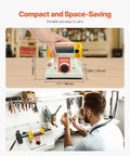 Man using Beefy 8 Inch Bench Buffer Polisher with 370W Copper Motor, showcasing compact and space-saving design in home shop.