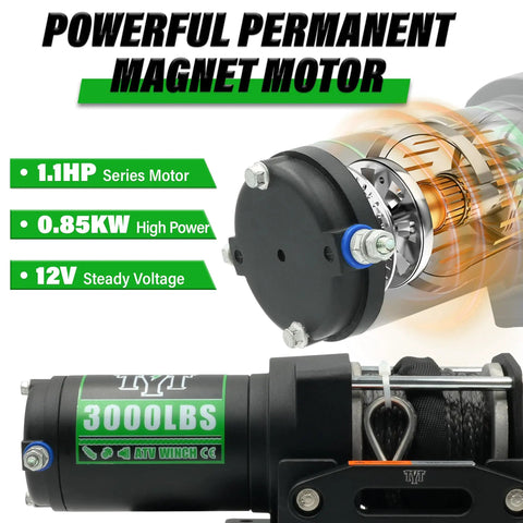 Beefy 3000 Lb ATV Winch With Wireless Remote And Wired Switch 12V DC Electric Winch With Synthetic Rope Fairlead And Mounting Plate For Easy Install And Universal Fit Perfect For Off Road Recovery, 3000 lb 12V motor