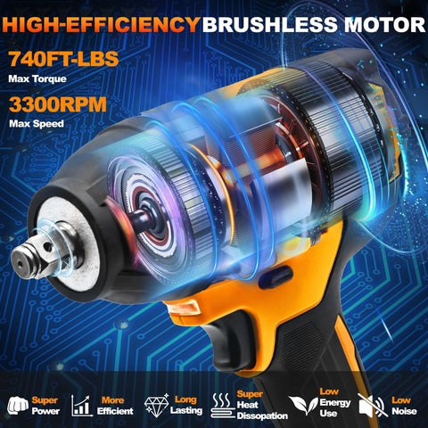 One Half Inch Cordless Impact Wrench With Brushless Motor, 1000 Newton Meters Of Torque And 740 Foot Pounds, Three Speed Settings