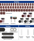 Sanding, cutting, and drilling components of All In One 698 Piece Rotary Tool Accessories Kit With Diamond Cutting Wheels Sanding Bands And Discs Flap Wheels Cut Off Wheels Sanding Paper Polishing Pads Do It All For Easy Cutting Grinding Sanding Polishing Cleaning Drilling Carving And Engraving displayed