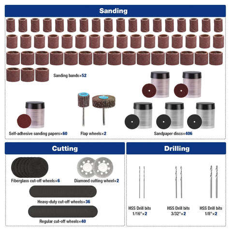 Sanding, cutting, and drilling components of All In One 698 Piece Rotary Tool Accessories Kit With Diamond Cutting Wheels Sanding Bands And Discs Flap Wheels Cut Off Wheels Sanding Paper Polishing Pads Do It All For Easy Cutting Grinding Sanding Polishing Cleaning Drilling Carving And Engraving displayed