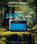 Portable Power Station 600W With 80W Solar Panel 288Wh LiFePO4 Battery in forest setting, text highlighting battery longevity and cycles