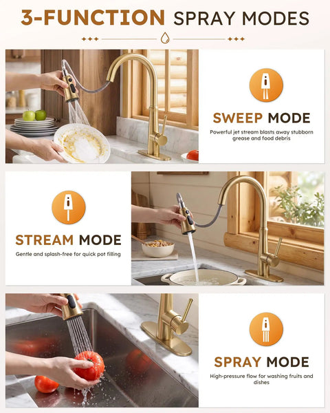 Kitchen Faucets with Pull Down Sprayer,WOWOW Gold High Arc Single Handle Classic Stainless Steel Sink Faucet 1 or 3 Hole, Pull Out Kitchen Faucet with Deck Plate & 3 Functions in a kitchen showing 3 spray modes.