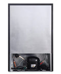 Interior view showing the compressor and components of A Top Shelf 3 Cubic Foot Midi Upright Freezer In Stainless Steel With Reversible Door.