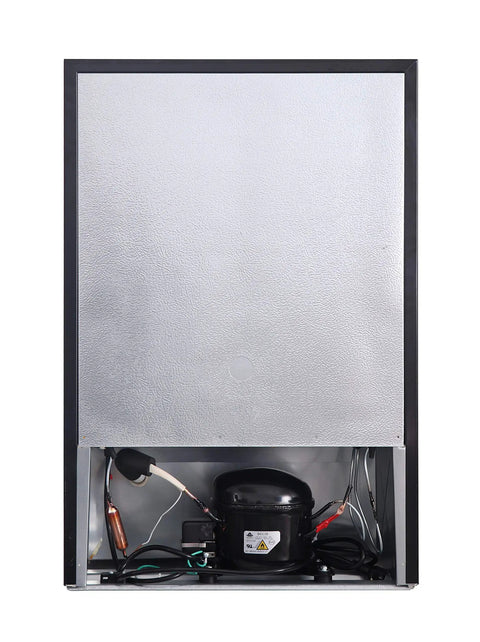 Interior view showing the compressor and components of A Top Shelf 3 Cubic Foot Midi Upright Freezer In Stainless Steel With Reversible Door.