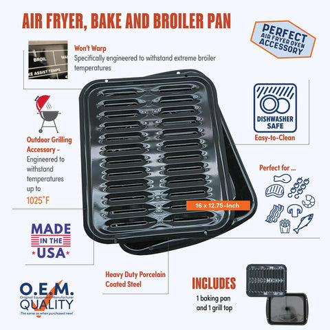 Heavy Duty Porcelain Air Fry Bake and Broil Pan Set, 16 By 12.75 Inch, Drains Grease, Dishwasher Safe, Safe to 1025F, Made in USA, 2-Piece