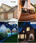 Two Pack Solar Motion Lights Outdoor With Remote Control on garage, courtyard, pathway, and doorway in various lighting settings.