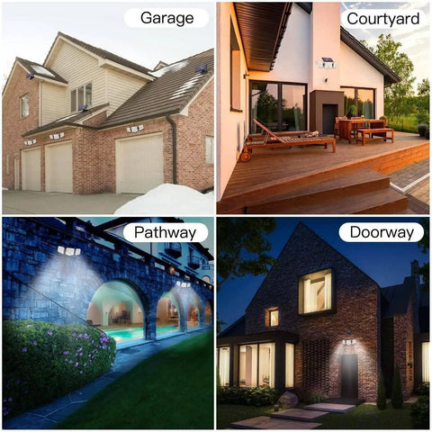 Two Pack Solar Motion Lights Outdoor With Remote Control on garage, courtyard, pathway, and doorway in various lighting settings.