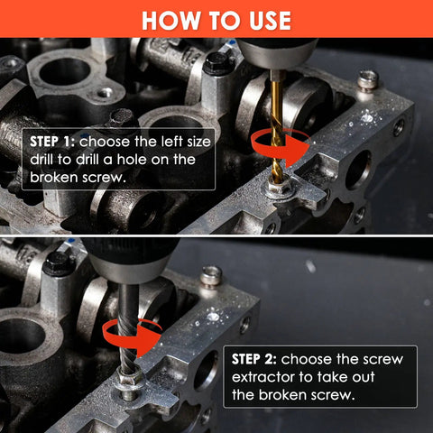 Image showing steps to use the Stripped Screw And Bolt Extractor Set With Left Hand Drill Bits, Broken Bolt Remover Kit, Easy Out Style Fastener Extraction, 11-Piece DIY Tool Set For Removing Stubborn Screws, Bolts, And Fasteners.