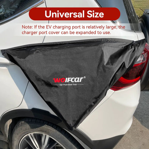 All Weather EV Charger Cover Outdoor Double Sided Shield with magnetic fasteners and suction cups on car charger port
