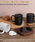 Electric Coffee Mug Warmer With 15 Oz Ceramic Cup And Removable Cork Base, Smart Desk Heater Auto Shut Off displayed with cups.