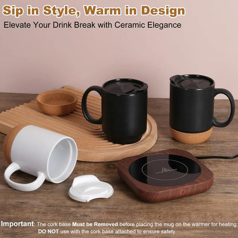 Electric Coffee Mug Warmer With 15 Oz Ceramic Cup And Removable Cork Base, Smart Desk Heater Auto Shut Off displayed with cups.