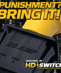 20 Amp Upgrade Mower Blade Clutch PTO Switch Replacement for Zero Turn Mowers Heavy Duty Beefed Up 100000 Cycle Design Delivers Longer Lifespan Than Standard 5A 10A Units Compatible With Wide Range Of Mower Models And DX Style Decks. 20A black and yellow PTO switch close-up