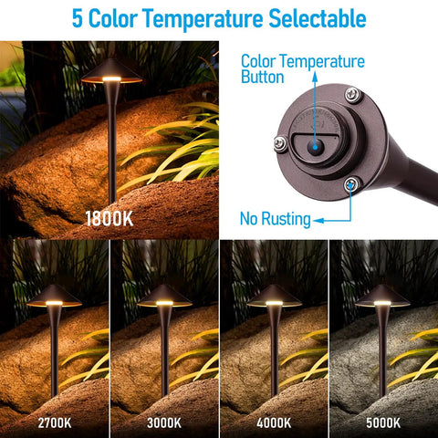 Low Voltage LED Landscape Path Lights 12 24V AC DC IP65 Outdoor Walkway Lights Oil Rubbed Bronze Flat Cone Head 6 Pack 1800K 2700K 3000K 4000K 5000K color temperatures