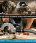 Smooth Operator Dust Control 16 Ft Shop Vac Hose Kit with Quick Connect Adapters attached to circular saw for dust-free cutting.