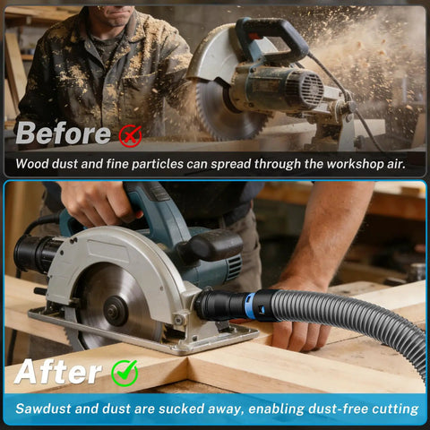 Smooth Operator Dust Control 16 Ft Shop Vac Hose Kit with Quick Connect Adapters attached to circular saw for dust-free cutting.