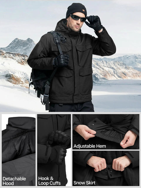Warm Mens Waterproof Ski Jacket With Plush Insulation And Cozy Lining, Windproof Teflon Outer Shell, Detachable Hood, Snow Skirt