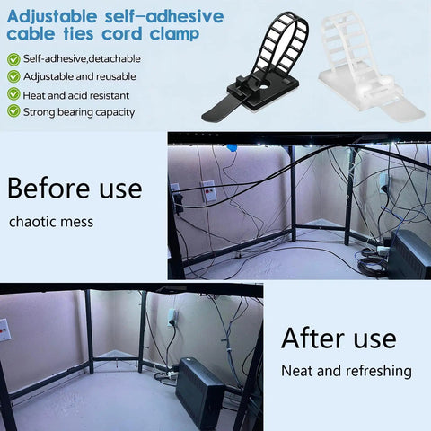 Adjustable Adhesive Cable Management Clips 50Pcs showing before and after cable organization under desk