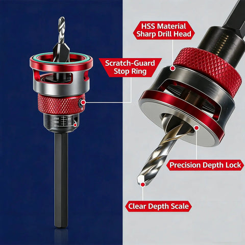 Top Tier 4 Piece Counterbore Drill Set With Adjustable Depth Stop Collar For Wood And Metal Projects Nailing Perfect Screw Recesses Every Time With Hella Precise Control And Reliable Blue Coating close-up of drill head features and depth stop collar