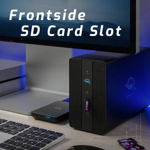 Flat Out Fast Dual Drive Raid Thunderbolt Dock With 12TB Storage And Built In SD Card Reader For Video Editors Seeking Hella Reliable Footage Processing And Zero Lag Time with visible SD card slot.