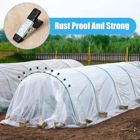 20 Pack Small Clamps For Garden And Crafts securing greenhouse plastic, close-up of rust-proof clip with PVC grip